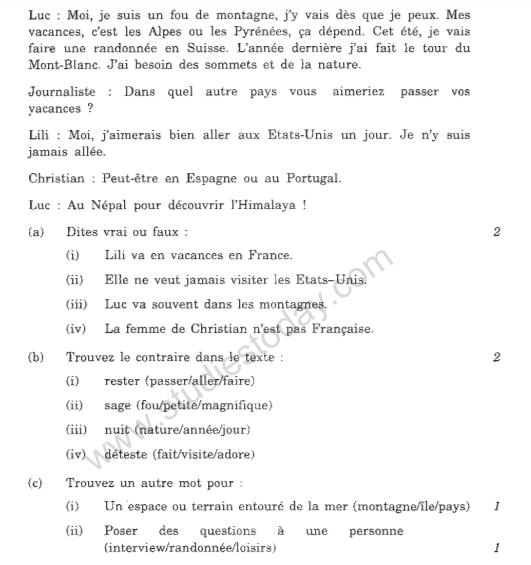 CBSE Class 10 French Sample Paper Set D